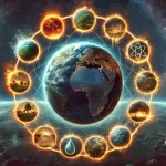 An artistic representation of the concept of planetary boundaries and overconsumption. The image features Earth in the center, surrounded by nine symbols