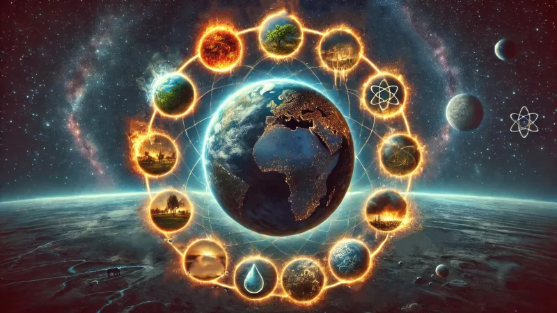 An artistic representation of the concept of planetary boundaries and overconsumption. The image features Earth in the center, surrounded by nine symbols